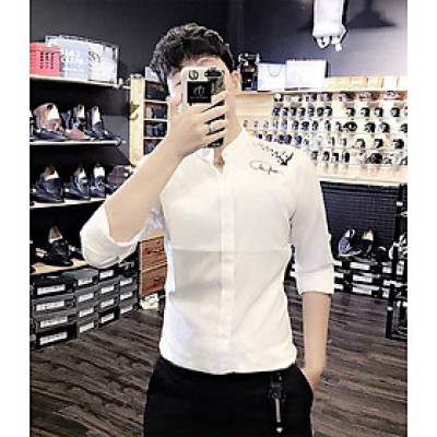 Áo sơ mi nam tay dài họa tiết chữ và chim 