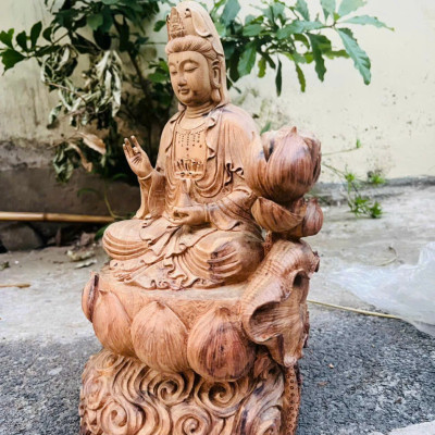 Tượng phật bà quan âm bồ tát gỗ bách xanh thơm phức kt cao 40×23×18cm 