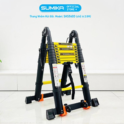 Thang nhôm rút đôi Sumika SKS560D (2.8M+2.8M) - Sơn tĩnh điện, chống trầy xước, khóa chốt cao cấp, nhiều đế cao su chống trượt, bậc thang diện tích rộng, thanh giằng giữa 2 bên thang