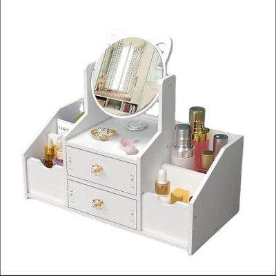 Tủ Để Đồ Trang Điểm Mini 2 Ngăn Kéo, 4 Hóc Đựng Cọ Có Gương Tai Mèo Bằng Nhựa - Hàng chính hãng