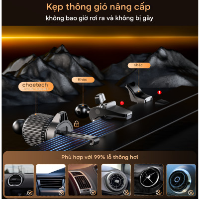 Bộ giá đỡ điện thoại hít nam cham 2in 1 Choetech H01005 dán taplo hoặc kẹp khe gió xoay 360 độ (Hàng chính hãng)