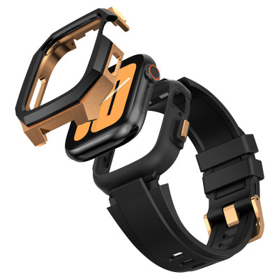 Ốp Case Vỏ Thép Không Gỉ bảo vệ tích hợp dây đeo Fluororubber cho Apple Watch Series 4/5/6/7/8/9/SE1,2 Size 44mm/45mm - Hàng Chính Hãng