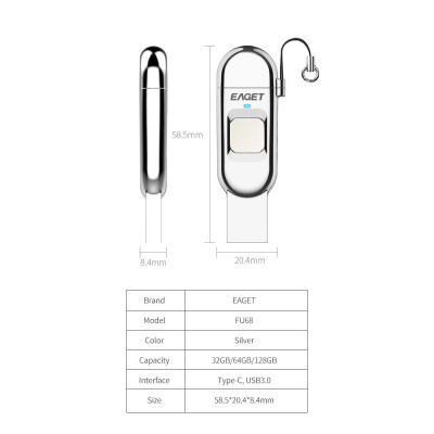 EAGET FU68 128GB USB Flash Drive Type-C USB3.0 Dual-port Metal Fingerprint Encryption U Disk for Smart Phone PC Laptop