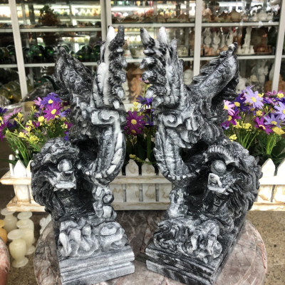 Cặp Rồng đứng phong thủy đá cẩm thạch vân đen - Cao 30 cm