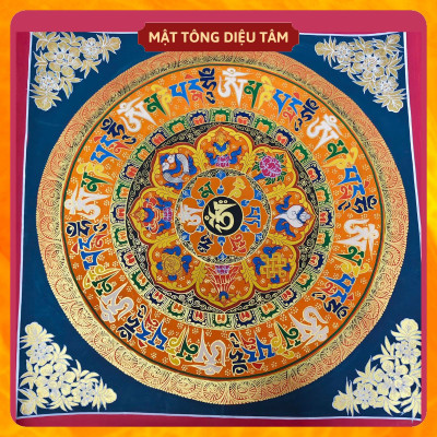 Tranh Mandala Lục Tự Chân Ngôn tranh Chú Om Vẽ Tay Thủ Công họa sư Nepal 55cm kim cương thừa [ tranh KHÔNG KHUNG] Mật tông Diệu Tâm