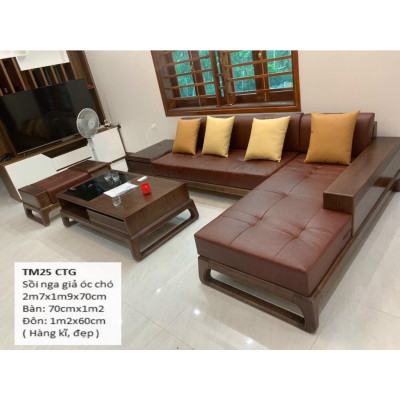 Bàn ghế phòng khách gỗ sồi Nga dáng chữ L chân quỳ