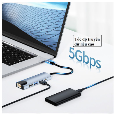 Hub Type C, Hub USB 3.0 5in1, Cổng Chuyển Đổi Type C To HDMI/HDTV, USB 3.0, RJ45, PD, Type C dành cho Mac book, Laptop, PC - Hàng Chính Hãng