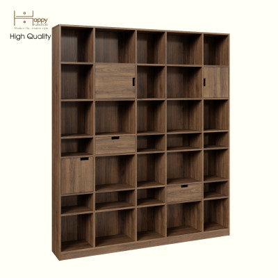 HAPPY FURNITURE , ALVA - Kệ sách 3 cửa mở 2 ngăn kéo, KSA_072 , 180cm x 28cm x 210cm DxRxC