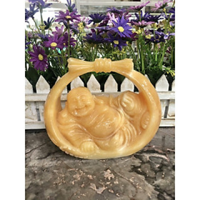 Tượng Phật Di Lặc ngồi trên túi tiền đá ngọc hoàng long để bàn làm việc - Dài 15 cm