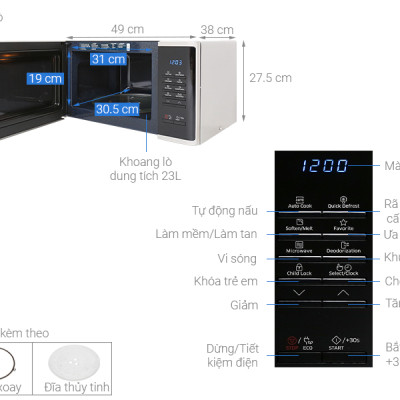 Lò vi sóng tráng men Samsung Dòng vi sóng 23L (MS23K3513AS) | Rã Đông Nhanh Chóng | Khoang lò tráng men CERAMIC INSIDE - Hàng chính hãng