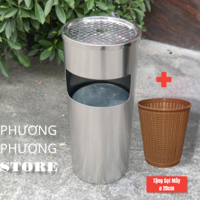 Thùng rác inox tròn,A-35A thùng rác inox gạt tàn tròn ( Tặng sọt tròn mây ) hàng cao cấp