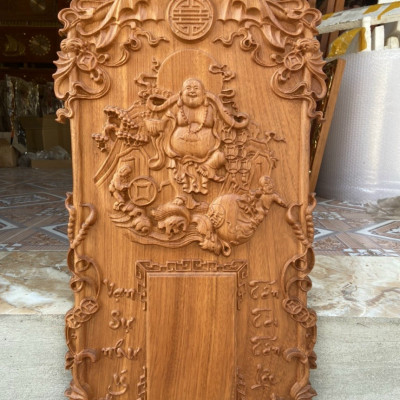 Tranh Đốc lịch treo tường khắc tượng phật di lặc bằng gỗ gõ đỏ kt 31×56×4cm