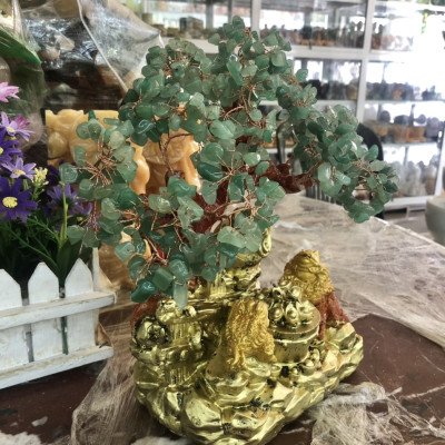 Cây Tài Lộc với tiểu cảnh bát tụ bảo và cóc thiềm thừ ngậm tiền phong thủy tài lộc đá thạch anh xanh - Cao 30 cm