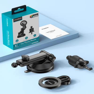 Bộ giá đỡ điện thoại hít nam cham 2in 1 Choetech H01005 dán taplo hoặc kẹp khe gió xoay 360 độ (Hàng chính hãng)