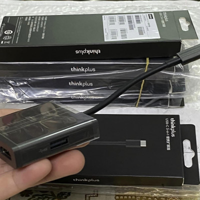 Cáp type C ra HDMI - VGA và USB - 3 trong 1 - Lenovo Thinkplus Type C USB-C 3-in-1 Adapter USB Hub, 4K HDMI 60Hz, VGA, USB 3.0 Type C to HDMI VGA USB 3.0 - Hàng chính hãng