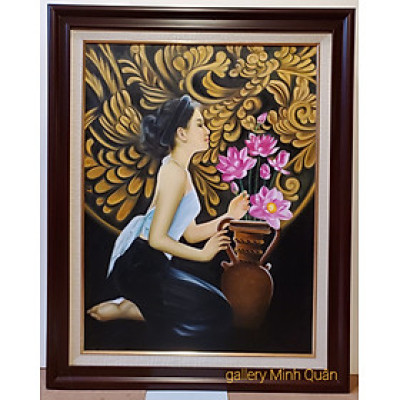 TRANH VẼ SƠN DẦU NGHỆ THUẬT THIẾU NỮ BÊN BÌNH HOA SEN