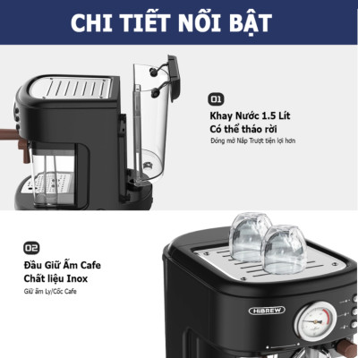 Máy pha cà phê Espresso chuyên nghiệp, thương hiệu Mỹ HiBREW cao cấp H8A, 1250W, 19 Bar - Bảo hành 12 Tháng, Hàng chính hãng