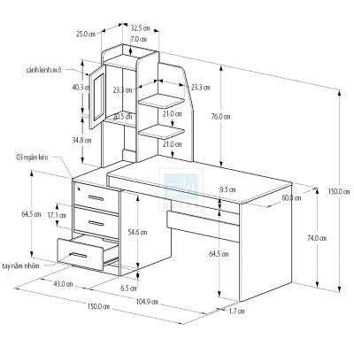 Bàn Học Tập, Làm Việc Kết Hợp Tủ Sách Hiện Đại SIB Decor BLV09