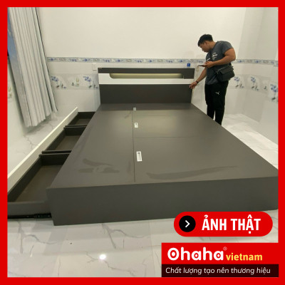 [ Kèm Ảnh Thực Tế - Miễn phí vận chuyển & Lắp đặt tại TP.HCM ]  Giường ngủ gỗ công nghiệp cao cấp Ohaha - GC033 - 02 - Kèm đèn Led - Xám Chì/Trắng
