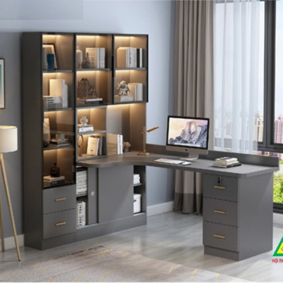 BÀN HỌC – BÀN LÀM VIỆC LIỀN KỆ GỖ MDF TỦ CÁNH KÍNH CÓ ĐÈN LED BLV401 - NỘI THẤT LẮP RÁP VIENDONGADV