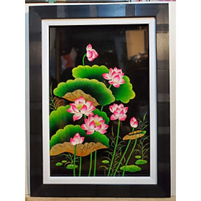 TRANH HOA SEN SƠN MÀI ĐẮP NỔI THẾP VÀNG BẠC