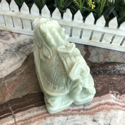 Tượng Long Quy ( Rùa đầu Rồng ) cõng gậy như ý phong thủy đá cẩm thạch trắng xanh - Dài 15 cm