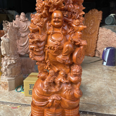 Tượng phật di lặc ngũ phúc vác cành đào bằng gỗ hương đá liền khối kt cao 60×23×14cm