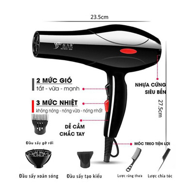 Máy Sấy Tóc Tạo Kiểu 2 Chế Độ Sấy Nóng - Lạnh Công Suất Lớn 2200W Tặng Kèm Lược 5 Phụ Kiện Siêu Hot - Hàng Loại 1 - Chính Hãng MINIIN