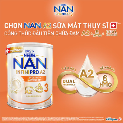 Sữa bột NAN INFINIPRO A2 3 với công thức đầu tiên chứa đạm A2, 6HMO & Lợi khuẩn kép nhập khẩu Thụy Sĩ - Hộp 800g (2 - 6 tuổi)