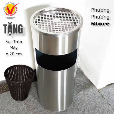 Thùng rác inox tròn,A-35A thùng rác inox gạt tàn tròn ( Tặng sọt tròn mây ) hàng cao cấp
