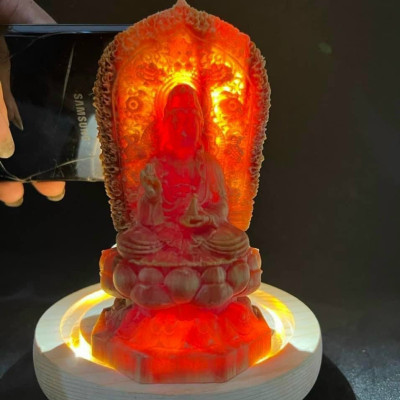 Tượng phật bà quan âm bồ tát mini khắc hai mặt bằng gỗ huyết long kt cao 13×6×6cm