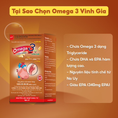 Viên Uống Hỗ Trợ Tim Mạch Omega 3 VINH GIA 2 Giàu EPA, DHA Tăng Cường Sức Khoẻ, An Toàn, Hiệu Quả Hộp 60 Viên 01O002