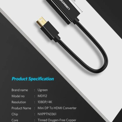 Ugreen UG10461MD112TK 18CM màu Đen Cáp chuyển đổi Mini DP sang HDMI hỗ trợ phân giải 1920x1080 - HÀNG CHÍNH HÃNG