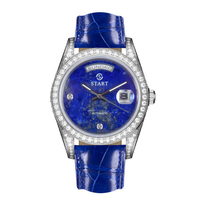 【START】Đồng hồ nam đá Lapis Lazuli tự nhiên đồng hồ kim cương chức năng hiển thị thứ ngày  đồng hồ cơ tự động dây da cá sấu Khóa bướm