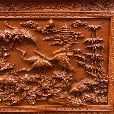 Tranh gỗ  treo tường trạm khắc tích cửu hạc du xuân bằng gỗ gõ đỏ kt 67×127×4cm