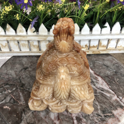 Tượng Long Quy ( Rùa đầu Rồng ) đứng trên thỏi vàng phong thủy đá cẩm thạch vân gỗ - Dài 15 cm