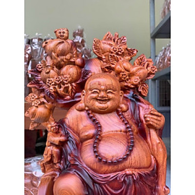 Tượng phật di lặc ngũ phúc bằng gỗ hương đá tô làm mầu giả cổ kt cao 60×24×14cm