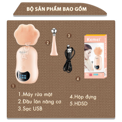 Máy rửa mặt đa năng 2in1 Kemei KM-293 điều chỉnh 3 mức tốc độ, kèm đầu lăn nâng cơ massage giảm thâm mắt - Hàng chính hãng