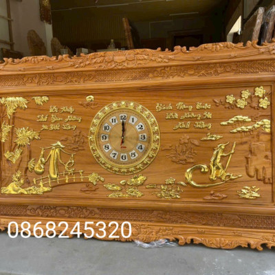 Tranh đồng hồ khắc chữ cha mẹ bằng gỗ gõ đỏ đep long lanh kt 67×127×4cm 
