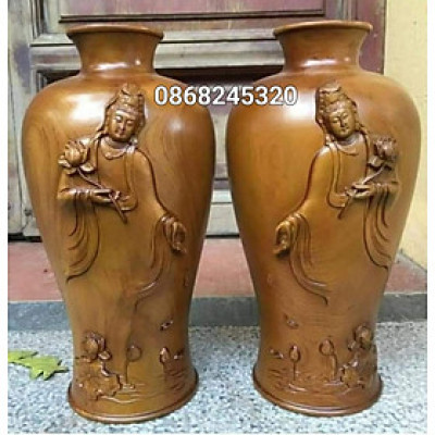 Cặp lộc bình (lục bình ) bằng gỗ bách xanh khắc phật bà quan âm bồ tát đẹp long lanh kt cao 30×14cm 