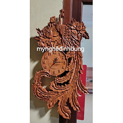 Tranh đồng hồ treo tường khắc phu thê viên mãn bằng gỗ  hương đá kt 60x36x3cm 