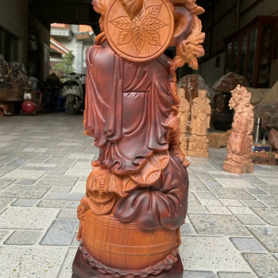 Tượng phật di lặc ngũ phúc gánh cành đào bằng gỗ hương đá tô làm mầu giả cổ  kt 60×24×14cm