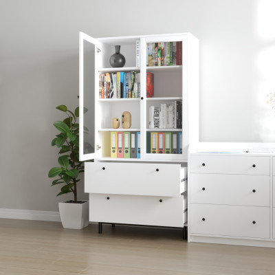 [Happy Home Furniture] CATY , Kệ sách 6 tầng cửa kính 2 ngăn kéo - chân sắt ,  90cm x 39cm x 180cm (DxRxC), KSA_019