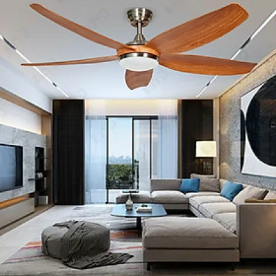 Quạt trần đèn SuperVilighting trang trí phòng khách 5 cánh vân gỗ màu trắng vân gỗ QTR-410