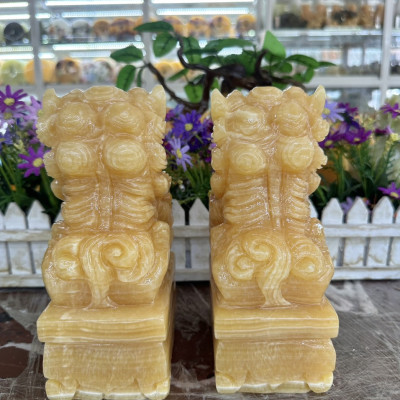 Cặp tượng Kỳ Lân phong thủy đá ngọc Hoàng Long - Cao 20 cm