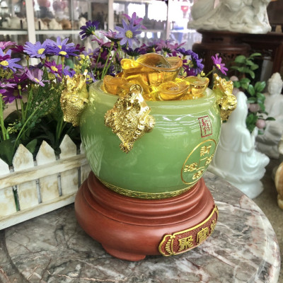 Bát vàng, Bát Tụ Tài, Bát Tụ Bảo đá ngọc cẩm thạch xanh Hút Tài, Hút Lộc, Chiêu tài nạp lộc - Cao 18 cm