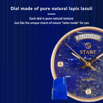 【START】Đồng hồ nam đá Lapis Lazuli tự nhiên đồng hồ kim cương chức năng hiển thị thứ ngày  đồng hồ cơ tự động dây da cá sấu Khóa bướm