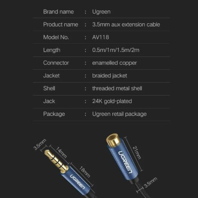 Ugreen UG40673AV118TK 1M màu Xanh Cáp âm thanh 3.5mm nối dài đầu nhôm - HÀNG CHÍNH HÃNG