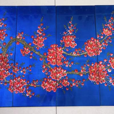 Bộ Tranh 4 tấm sơn mài HOA ĐÀO/ MAI cẩn trứng thích hợp trang trí nhà cửa, văn phòng, làm quà tặng,,....