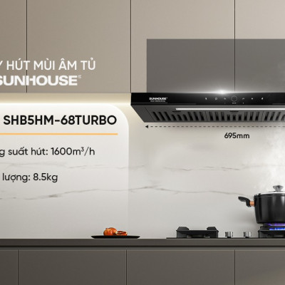 Máy hút mùi âm tủ Sunhouse SHB5HM-68TURBO, Công suất 220W, Chế độ Booster hút cực mạnh 1600m3/h, Công nghệ Ultra-Quiet độ ồn thấp, Điều khiển cảm biến thông minh vẫy tay, Bảo hành 36 tháng tại nhà - Hàng chính hãng